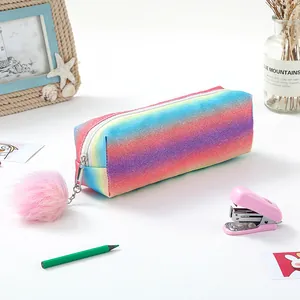 Rainbow glitter pencil case with a pink pom-pom charm for students and stationery storage