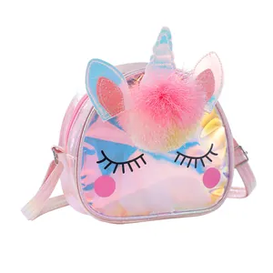 Cute kids unicorn crossbody bag in iridescent laser PU leather with plush pom-pom detail