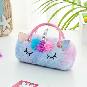 Detail of plush unicorn bag showing rainbow fur, floral accents, and glittery silver horn