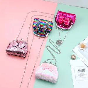 Kids Sequin Crossbody Bag With Bowknot Decor Metal Chain Shoulder Strap Cute Sparkly Coin Purse For Girls Daily Party Accessories