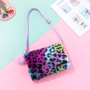 Regenbogen Plüsch Umhängetasche mit buntem Leopardenmuster und weichem Webpelz für Kinder