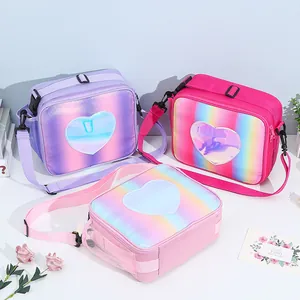 Bolsa de Almuerzo Térmica para Niños Arcoíris Brillo Patrón de Corazón Portátil Picnic Bolsa Térmica Niñas Escuela Almacenamiento