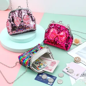 5-inch sequin bow crossbody coin purse for kids with elegant metal chain and gradient colors