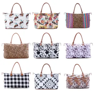 Lot de sacs cabas en toile à motifs vache, léopard et bohème avec anses en cuir marron