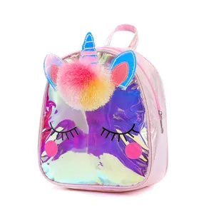 Pink holographic unicorn backpack for girls with glitter horn and fluffy rainbow pompom