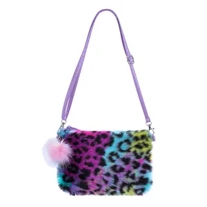 Regenbogen Leopard Kunstpelz Umhängetasche für Mädchen mit lila Gurt und Bommel