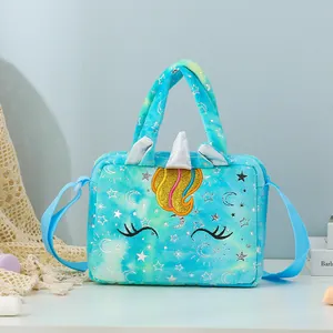 Detail of blue plush unicorn bag featuring silver stars and embroidered mane details
