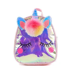 Detail of laser TPU unicorn backpack with colorful pom-pom and sequin horn decor