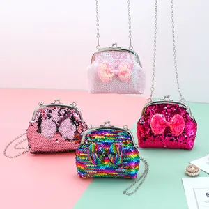 5-inch sequin crossbody bag for kids with bow decoration and metal chain strap