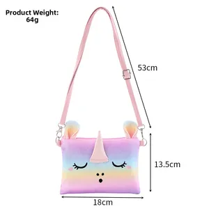 Detailed size chart showing dimensions for a cute pink plush unicorn crossbody bag