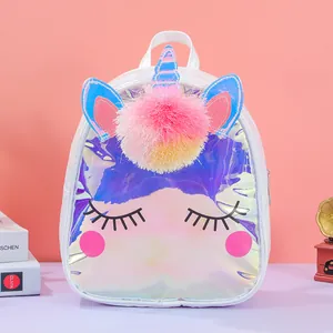 Holographic unicorn kids backpack with glitter ears and colorful pompom detail