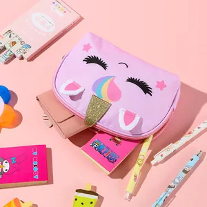 Cute pink unicorn double-layer canvas pencil case with sequin horn and 3D ears