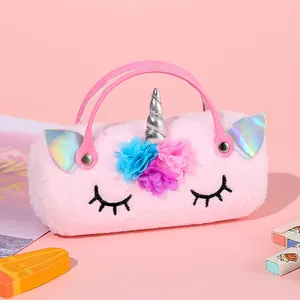 Plush pink unicorn handbag for kids with 3D horn and colorful flowers decoration
