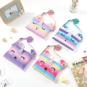 Rainbow gradient unicorn plush shoulder bags for girls with glitter finish and strap