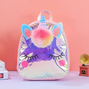 Dreamy laser TPU unicorn backpack for girls with holographic reflection and fur ball