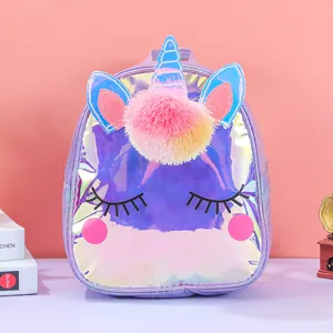 Dreamy holographic unicorn backpack for girls with fuzzy pom-poms and 3D glitter horn