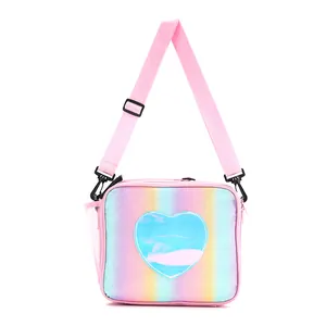 Bolsa de almuerzo arcoíris para niños con diseño de corazón azul y correa ajustable