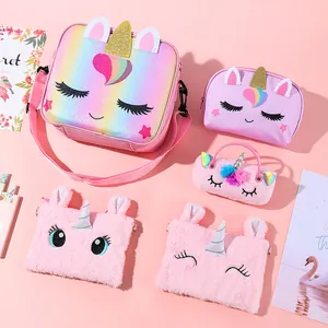 Five-piece pink unicorn stationery set with sequin crossbody bag and plush pencil case