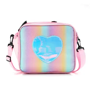 Bolsa de almuerzo arcoíris brillante con corazón holográfico y correa rosa de hombro