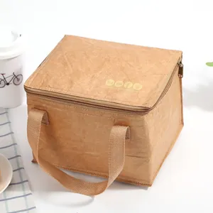 Bolsa de almuerzo térmica Tyvek marrón con icono amarillo y asa robusta