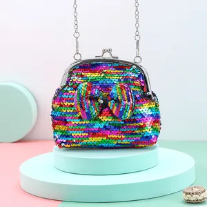 Rainbow sequin crossbody bag for kids with bow decoration and metal chain strap