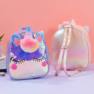 Front and back detail of a holographic unicorn backpack with laser TPU finish and plush pom poms