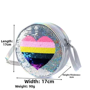 Vue détaillée du sac licorne à paillettes avec cœur arc-en-ciel et dimensions