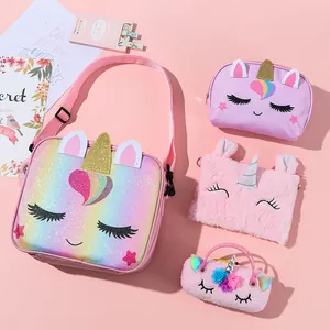 Pink unicorn bag set with rainbow sequins and plush fabric for little girls' storage
