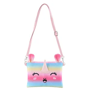 Detail of glitter rainbow unicorn shoulder bag with adjustable pink strap and embroidery