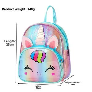 Detail view of unicorn backpack dimensions showing 23cm height and iridescent TPU material
