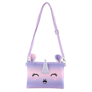 Detail of unicorn plush crossbody bag with glitter sequins and adjustable purple strap