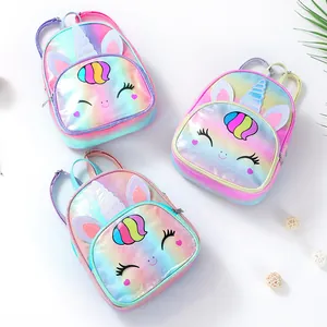 Rainbow gradient unicorn backpack with 3D ears and horn for girls, set of three styles