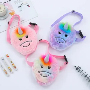 Petit Sac à Bandoulière Licorne en Peluche pour Enfants Mignon Dessin Animé Arc-en-Ciel Sac à Épaule en Fourrure Douce pour Filles Accessoires Décontractés