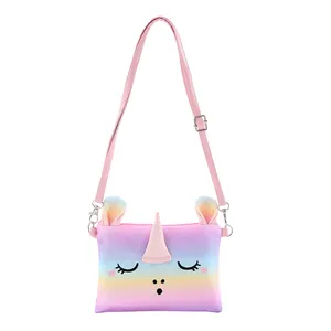 Cute unicorn plush shoulder bag for kids with rainbow glitter sequins and pink strap
