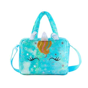 Blue plush unicorn crossbody bag with silver star prints and sequin horn detail