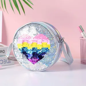 Sac Bandoulière Rond pour Enfants Cuir PU Laser Iridescent Paillettes Réversibles Cœur Arc-en-ciel Sac à Épaule Fille Cadeau