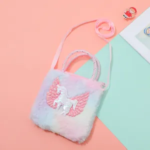 Detail of colorful plush unicorn bag showing sequin patterns and rainbow faux fur texture