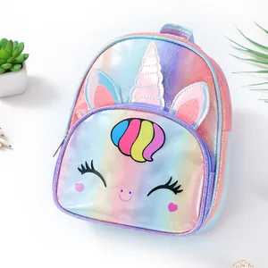 Detail view of colorful laser unicorn backpack with 3D horn and embroidery for girls