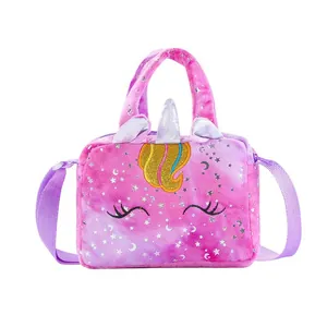 Pink plush unicorn crossbody bag with silver star patterns and adjustable strap