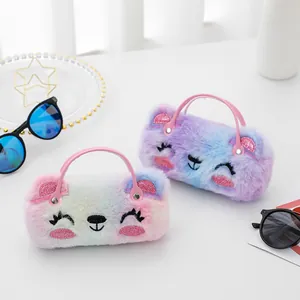 Étui à Lunettes Mignon en Peluche Visage d'Animal Boîte à Lunettes de Soleil Dégradé Arcobaleno Portable Avec Poignée