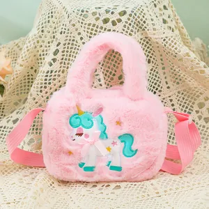 Cute pink plush unicorn handbag for girls with soft faux fur and crossbody strap