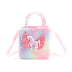 Colorful plush unicorn handbag for children with rainbow gradient fur and sequins