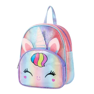 Rainbow unicorn backpack for girls with 3D ears, horn and iridescent glitter finish