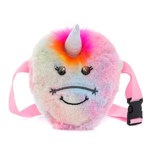 Sac à bandoulière licorne en peluche arc-en-ciel pour enfants avec sangle rose