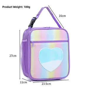 Detail view of colorful sequin heart lunch bag showing 23.5x27x11cm size dimensions