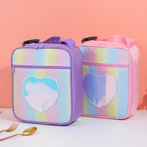 Bolsa de almuerzo aislada arcoíris con panel holográfico de corazón y asa superior