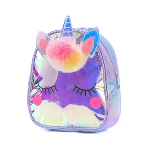 Children's unicorn backpack featuring dreamlike laser TPU texture and a rainbow pompom