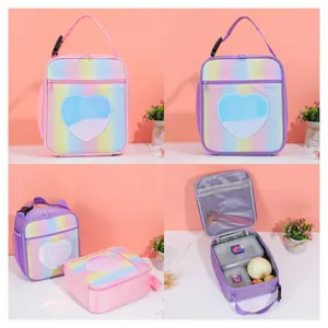 Detail view of rainbow glitter lunch bag with heart motif and insulated inner lining