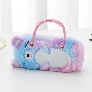 Cute gradient plush bear handbag with soft faux fur texture and pink leather handle