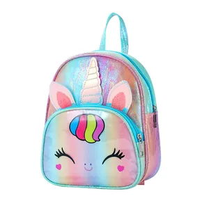 Close-up of holographic unicorn backpack for girls with 3D ears and colorful details